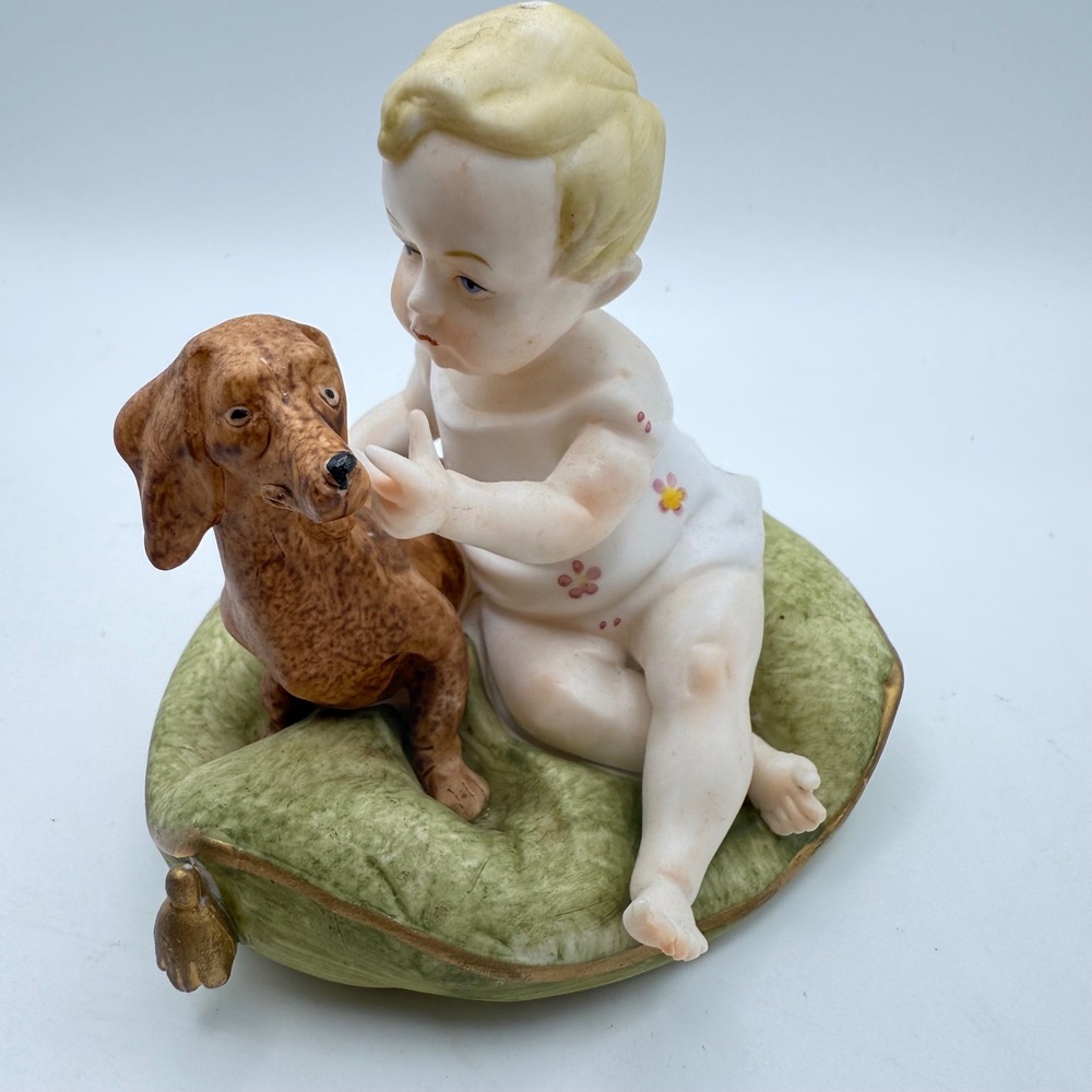 Vintage Porcelain Figurine Baby Dachshund Dog Playing Pillow Made in Japan MORRA